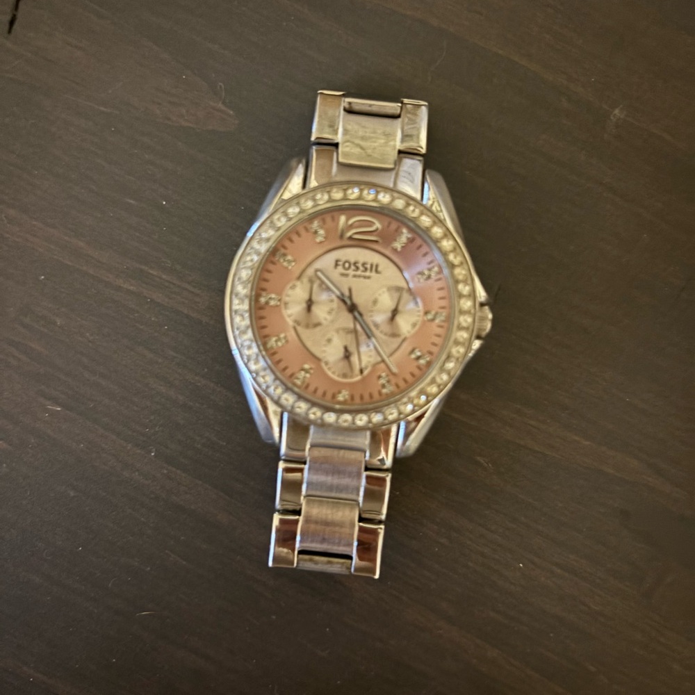 Fossil Pink Dial Silver Watch with Crystal Bezel